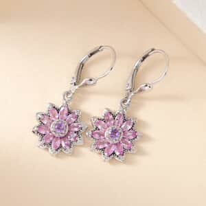 Premium Madagascar Pink Sapphire Floral Lever Back Earrings in Platinum Over Sterling Silver 1.85 ctw