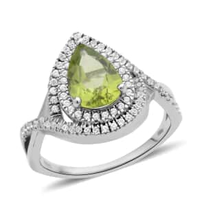 Peridot and White Zircon Infinity Shank Ring in Rhodium Over Sterling Silver (Size 7.0) 2.50 ctw