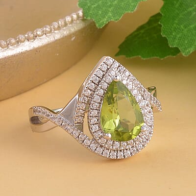 Peridot and White Zircon Infinity Shank Ring in Rhodium Over Sterling Silver (Size 7.0) 2.50 ctw