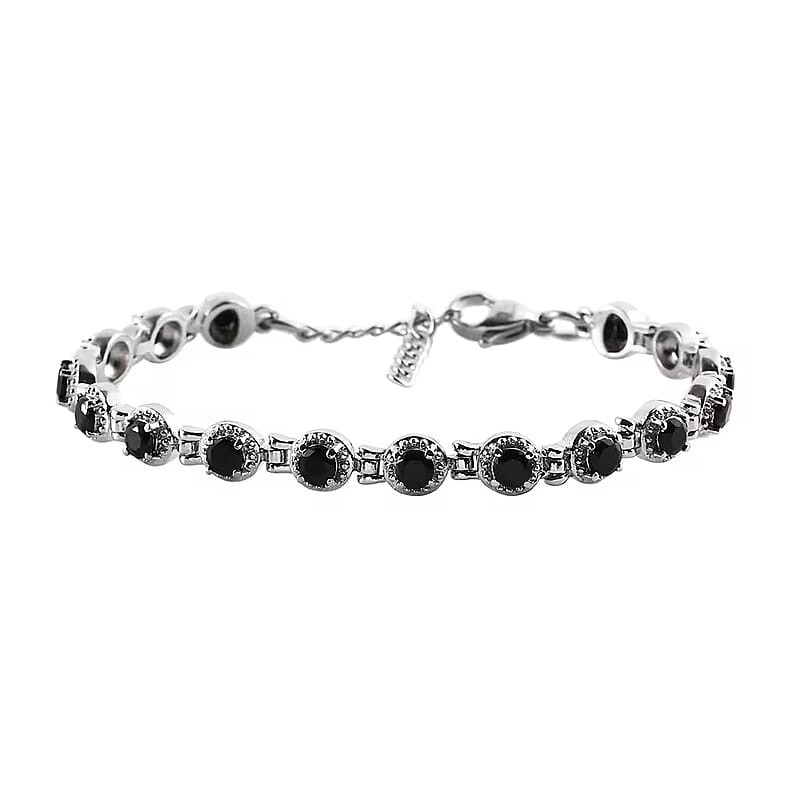 Thai Black Spinel Cluster Bracelet in Stainless Steel (6.50-8.00In) 4.75 ctw , Tarnish-Free, Waterproof, Sweat Proof Jewelry
