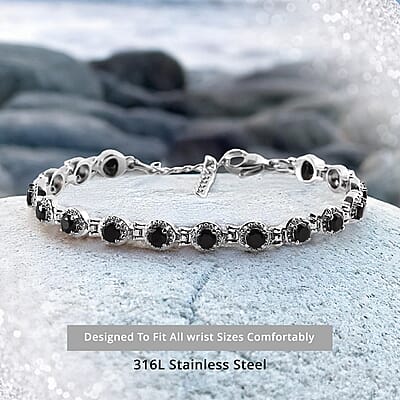 Thai Black Spinel Cluster Bracelet in Stainless Steel (6.50-8.00In) 4.75 ctw , Tarnish-Free, Waterproof, Sweat Proof Jewelry