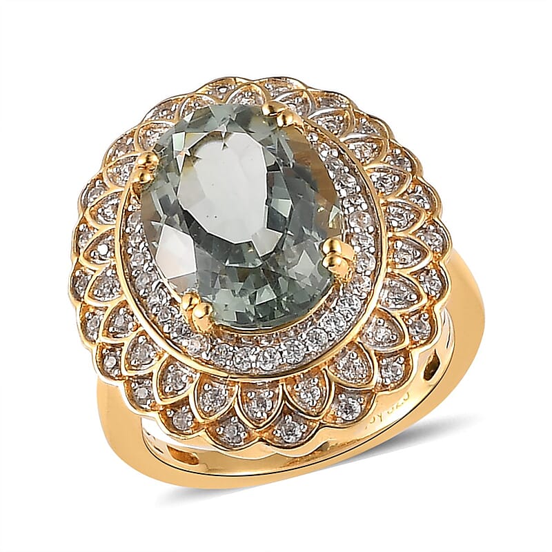 AAA Montezuma Prasiolite and White Zircon Floral Ring in Vermeil Yellow Gold Over Sterling Silver (Size 10.0) 6.35 ctw
