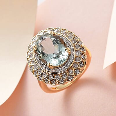 AAA Montezuma Prasiolite and White Zircon Floral Ring in Vermeil Yellow Gold Over Sterling Silver (Size 10.0) 6.35 ctw