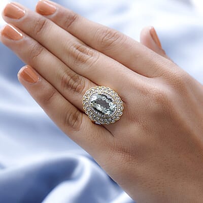 AAA Montezuma Prasiolite and White Zircon Floral Ring in Vermeil Yellow Gold Over Sterling Silver (Size 10.0) 6.35 ctw