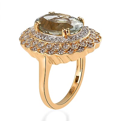 AAA Montezuma Prasiolite and White Zircon Floral Ring in Vermeil Yellow Gold Over Sterling Silver (Size 10.0) 6.35 ctw