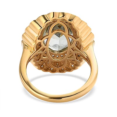 AAA Montezuma Prasiolite and White Zircon Floral Ring in Vermeil Yellow Gold Over Sterling Silver (Size 10.0) 6.35 ctw