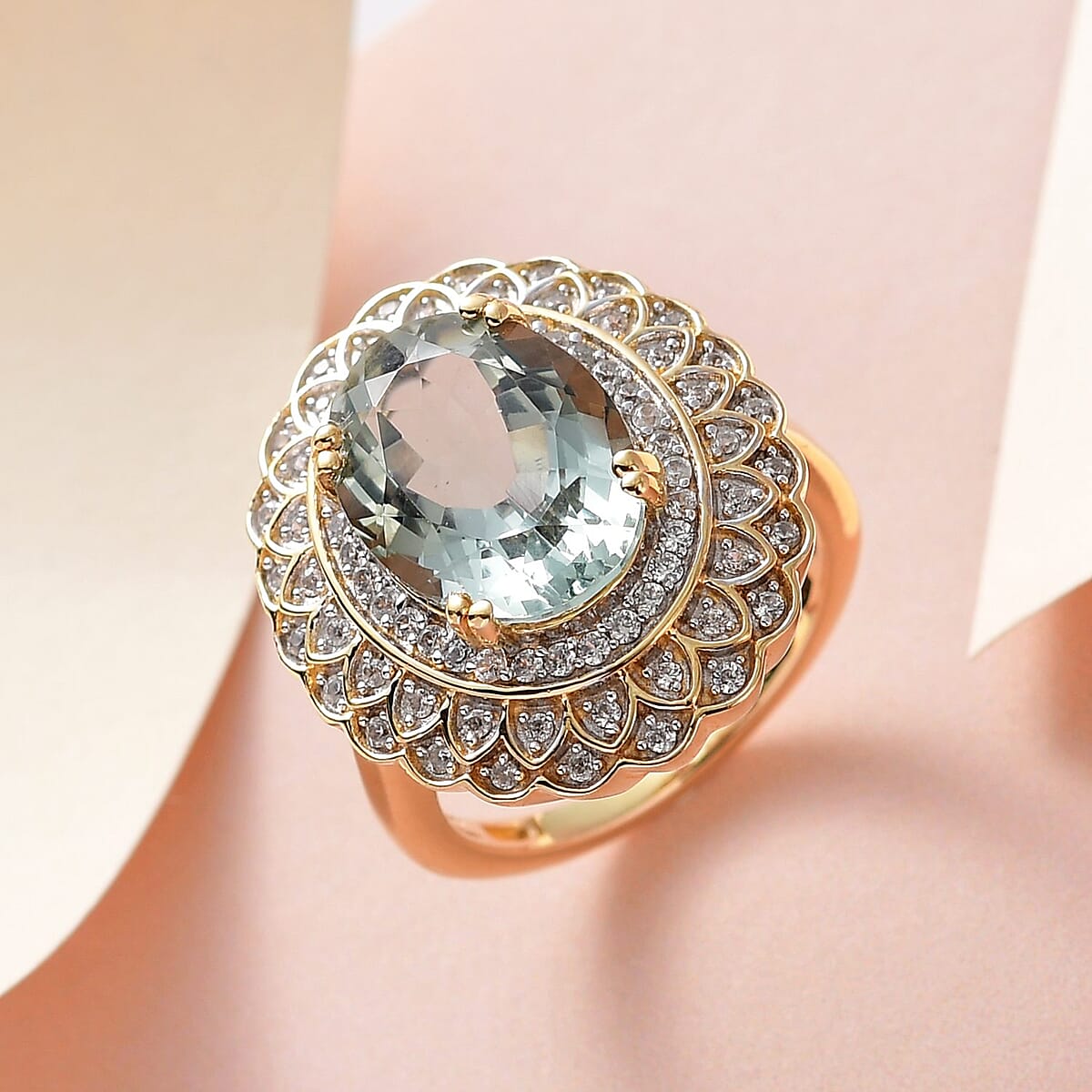 AAA Montezuma Prasiolite and White Zircon Floral Ring in Vermeil Yellow Gold Over Sterling Silver (Size 7.0) 6.35 ctw image number 1
