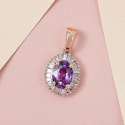 Luxoro 10K Rose Gold Premium Madagascar Purple Sapphire and G-H I3 Diamond Halo Pendant 1.15 ctw