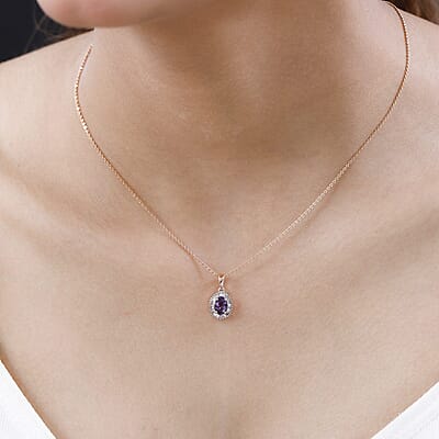 Luxoro 10K Rose Gold Premium Madagascar Purple Sapphire and G-H I3 Diamond Halo Pendant 1.15 ctw