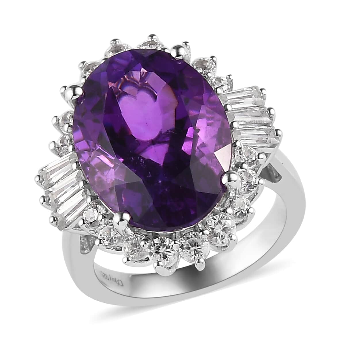 AAA Amethyst, Natural White Zircon Halo Ring in Platinum Over Sterling Silver (Size 10.0) 13.35 ctw image number 0