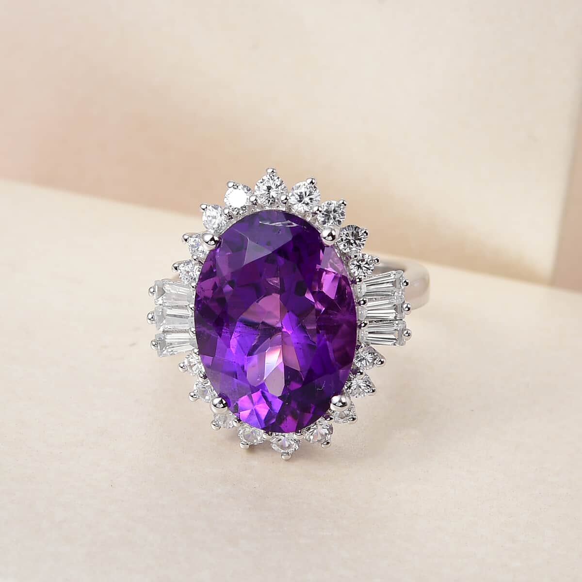 AAA Amethyst, Natural White Zircon Halo Ring in Platinum Over Sterling Silver (Size 10.0) 13.35 ctw image number 1