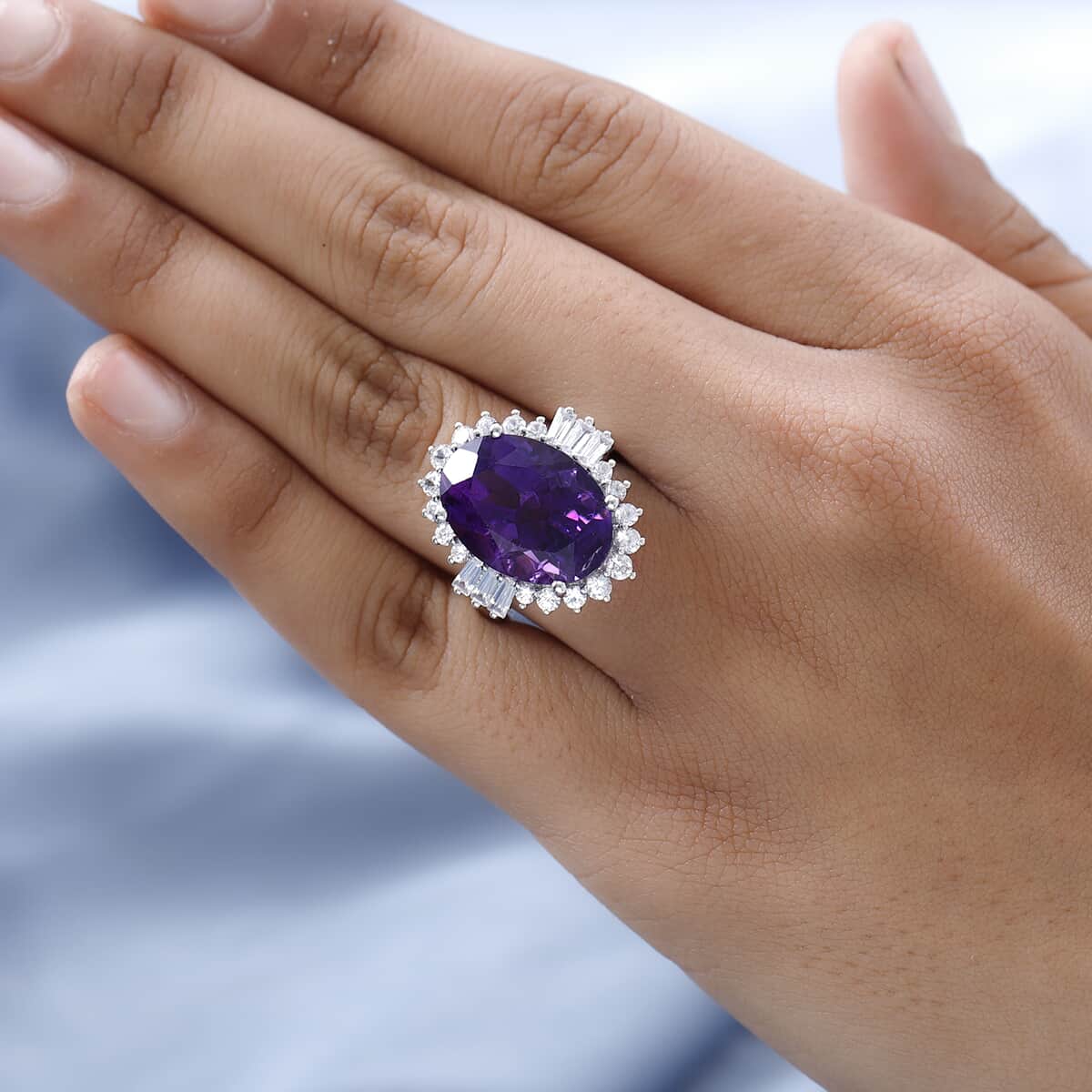 AAA Amethyst, Natural White Zircon Halo Ring in Platinum Over Sterling Silver (Size 10.0) 13.35 ctw image number 2