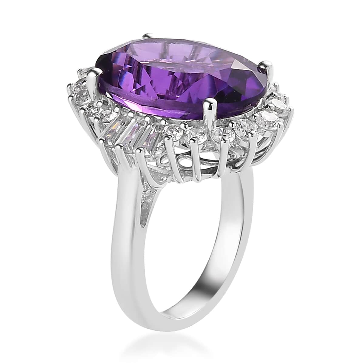 AAA Amethyst, Natural White Zircon Halo Ring in Platinum Over Sterling Silver (Size 10.0) 13.35 ctw image number 3