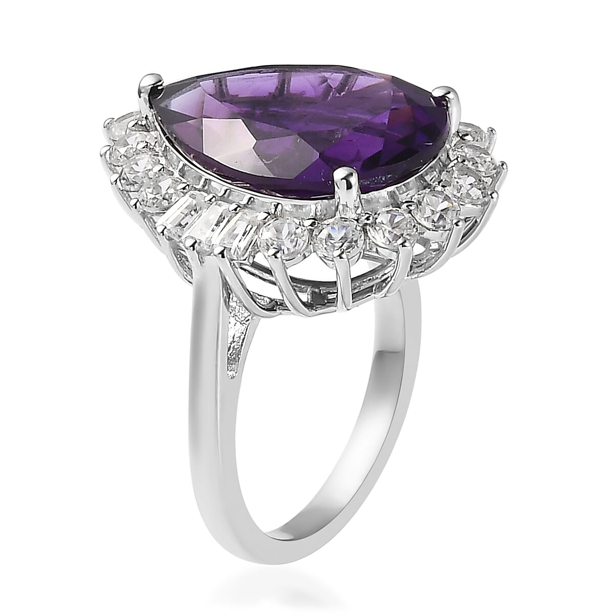 AAA Amethyst and White Zircon Halo Ring in Platinum Over Sterling Silver (Size 8.0) 11.25 ctw image number 3
