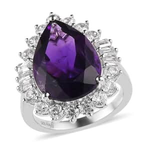 AAA Amethyst and White Zircon Halo Ring in Platinum Over Sterling Silver (Size 9.0) 11.25 ctw