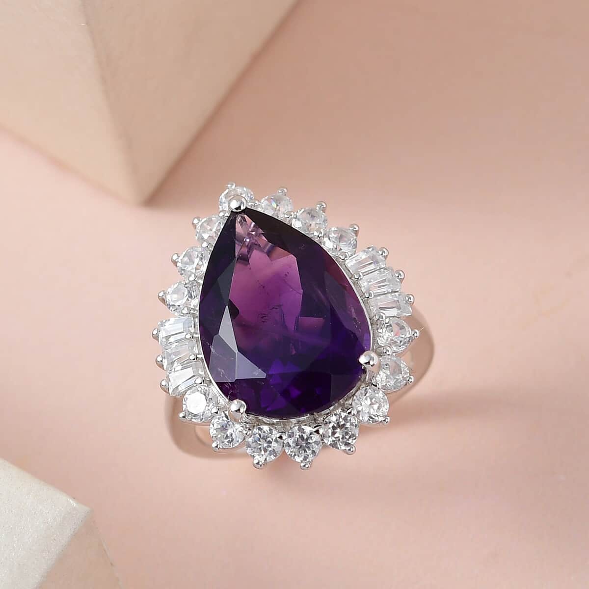 AAA Amethyst and White Zircon Halo Ring in Platinum Over Sterling Silver (Size 9.0) 11.25 ctw image number 1