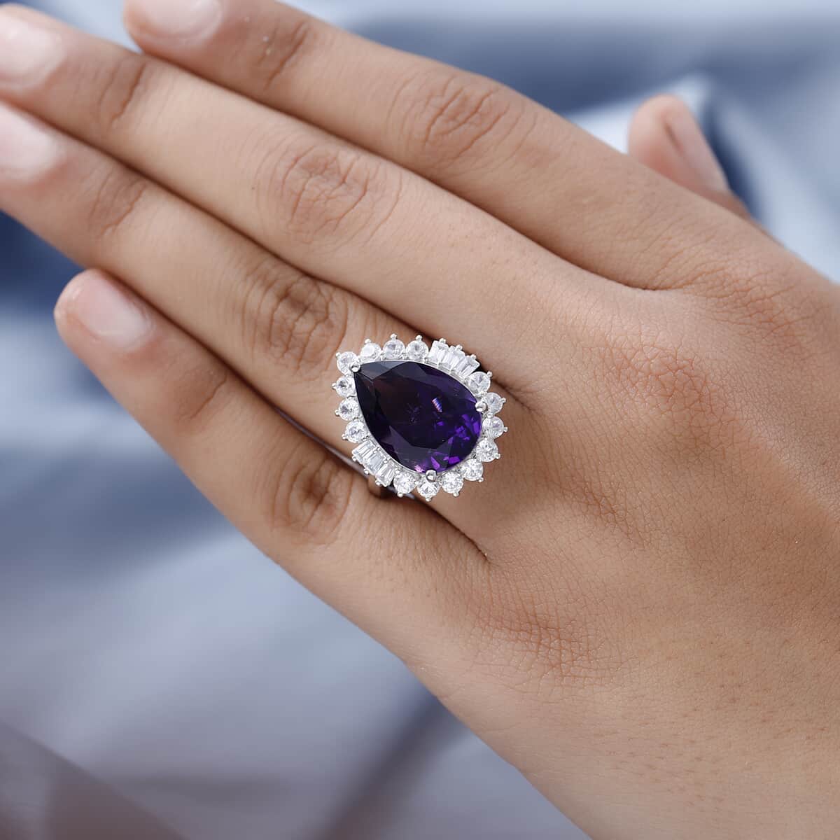 AAA Amethyst and White Zircon Halo Ring in Platinum Over Sterling Silver (Size 9.0) 11.25 ctw image number 2