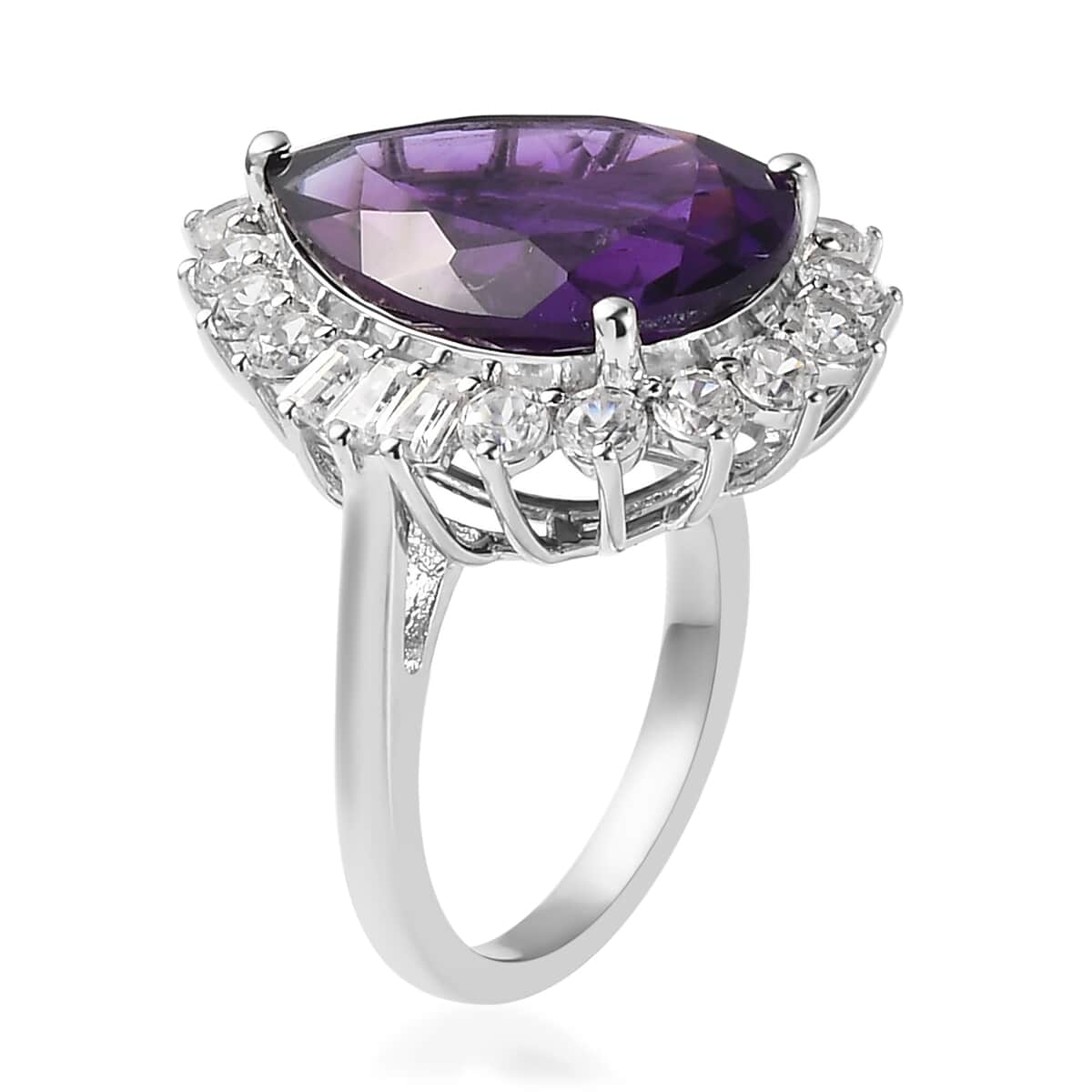 AAA Amethyst and White Zircon Halo Ring in Platinum Over Sterling Silver (Size 9.0) 11.25 ctw image number 3