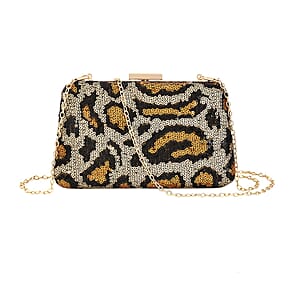 Golden Leopard Print Sequin Clutch Bag with 47 Inches Shoulder Strap 
