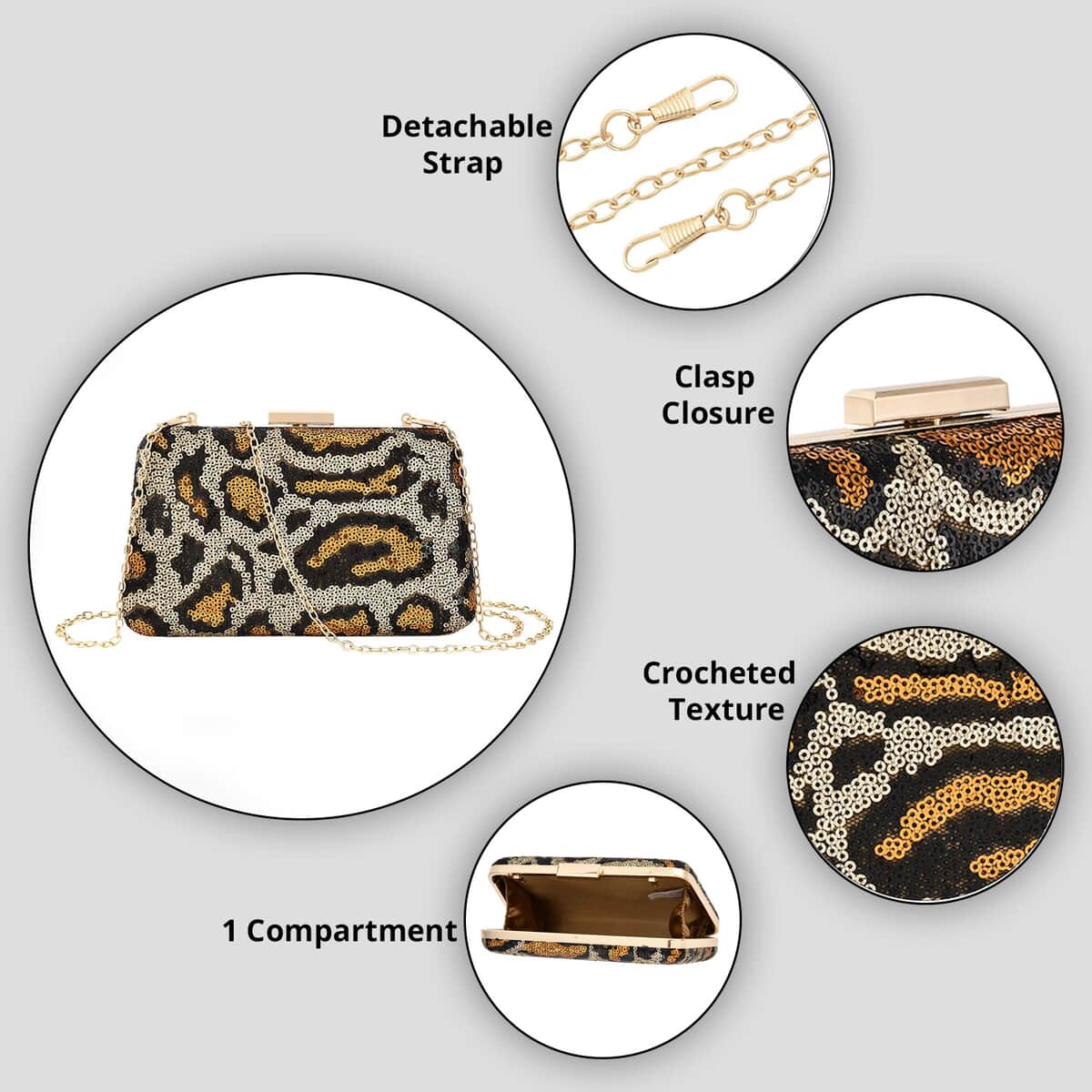 Golden Leopard Print Sequin Clutch Bag with 47 Inches Shoulder Strap  image number 3
