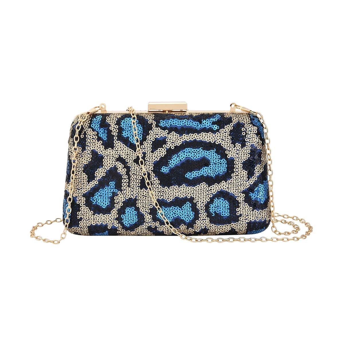 Blue Leopard Print Sequin Clutch Bag with 47 Inches Shoulder Strap image number 0