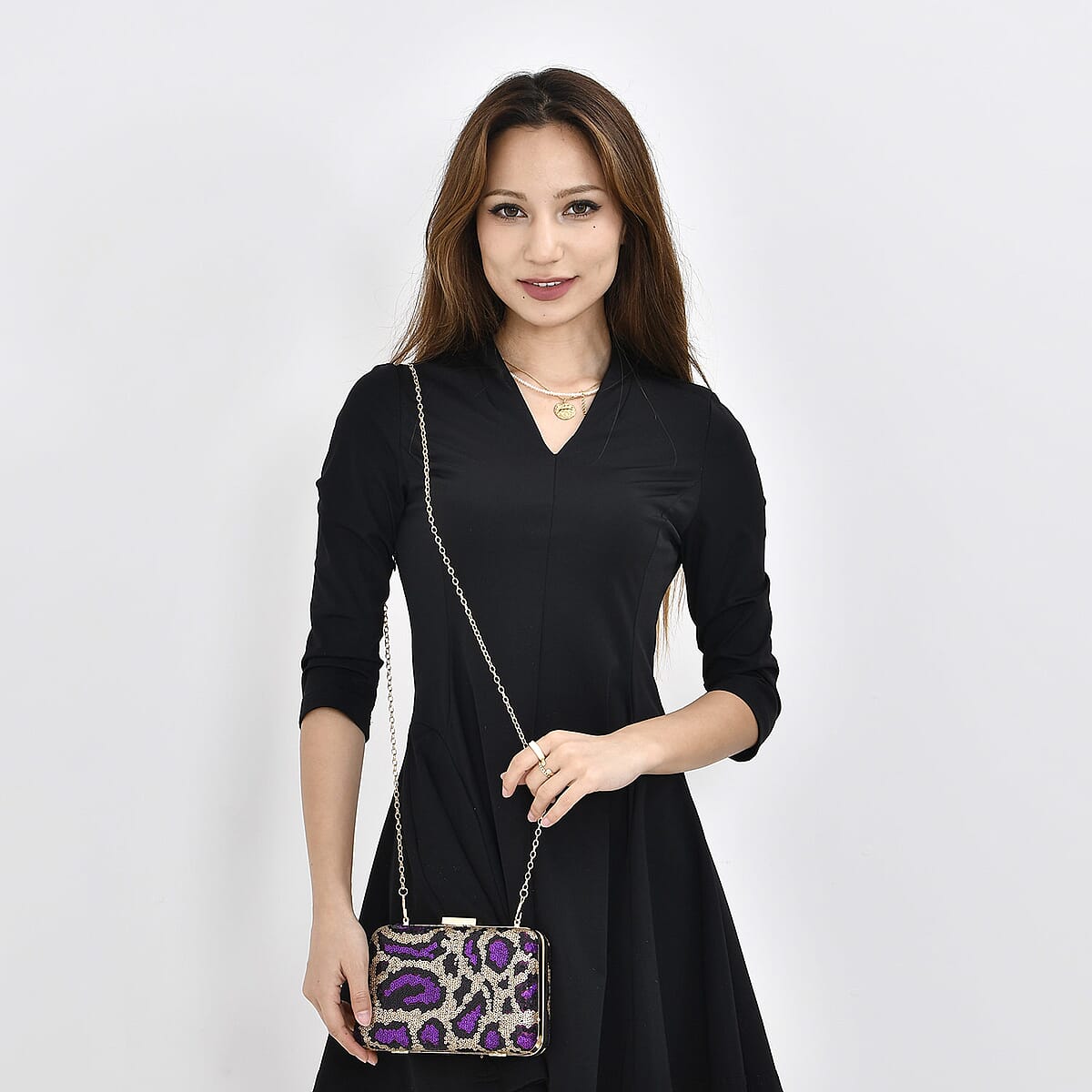 Purple Leopard Print Sequin Clutch Bag with 47 Inches Shoulder Strap image number 1