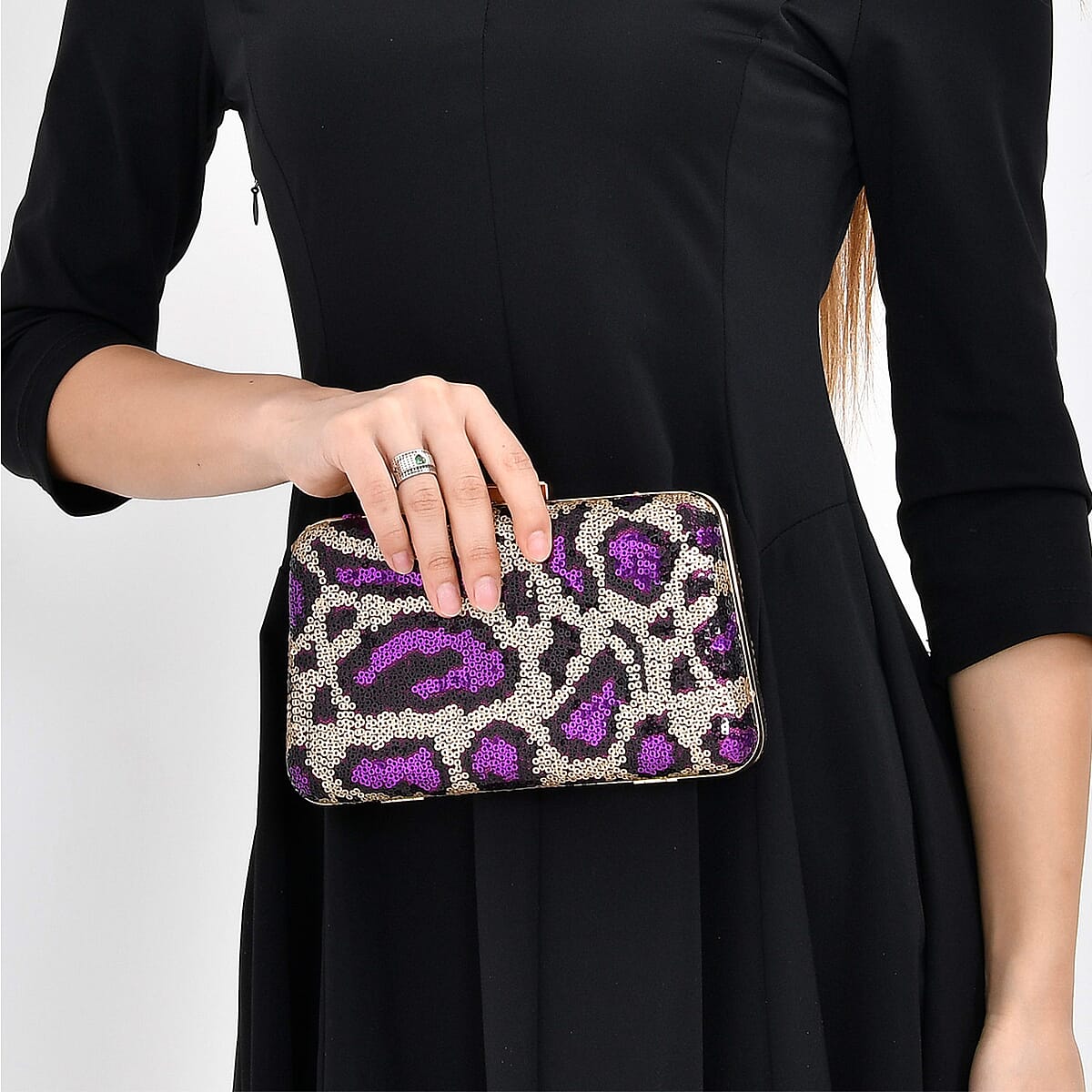 Purple Leopard Print Sequin Clutch Bag with 47 Inches Shoulder Strap image number 2