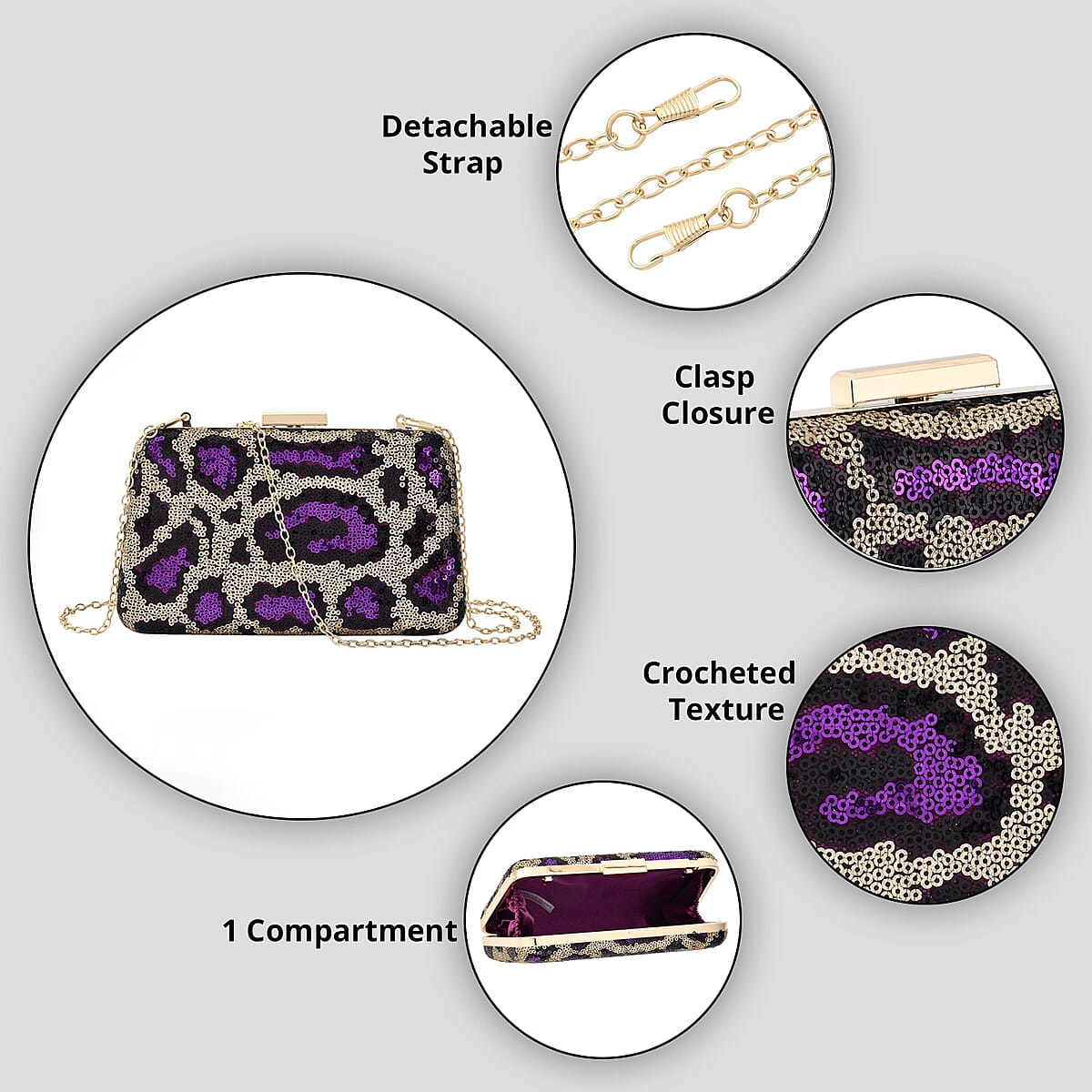 Purple Leopard Print Sequin Clutch Bag with 47 Inches Shoulder Strap image number 3