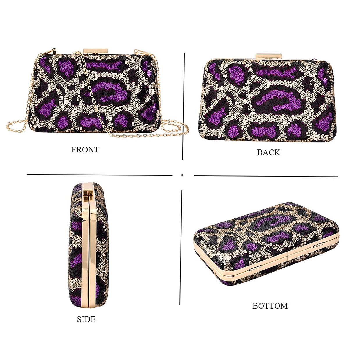 Purple Leopard Print Sequin Clutch Bag with 47 Inches Shoulder Strap image number 4