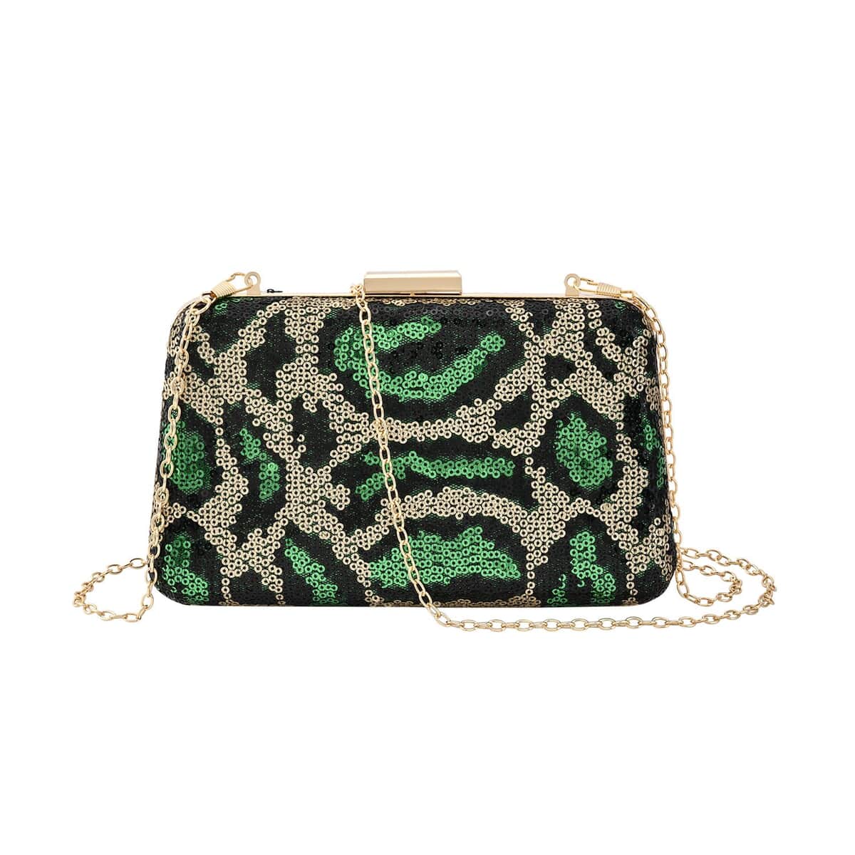 Green Leopard Print Sequin Clutch Bag with 47 Inches Shoulder Strap image number 0