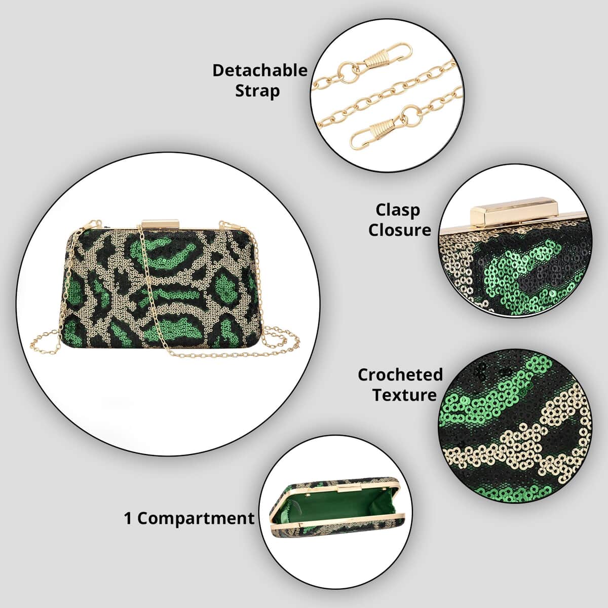 Green Leopard Print Sequin Clutch Bag with 47 Inches Shoulder Strap image number 3