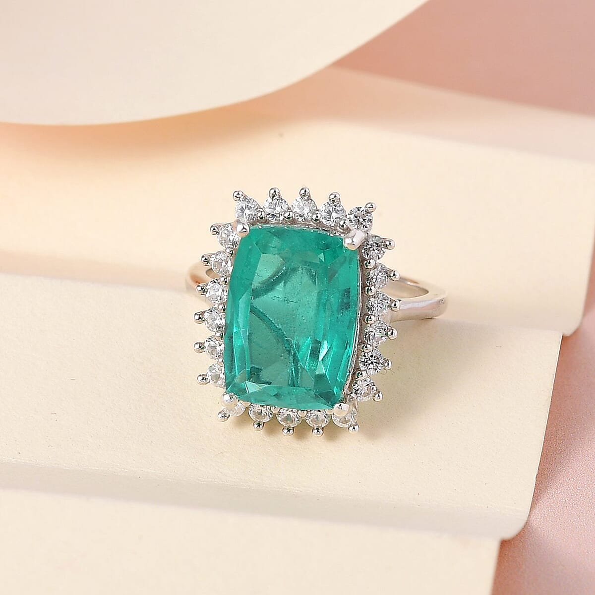 Emeraldine Quartz (Triplet) and Natural White Zircon Sunburst Ring in Platinum Over Sterling Silver (Delivery in 7-10 Business Days) 8.15 ctw image number 1