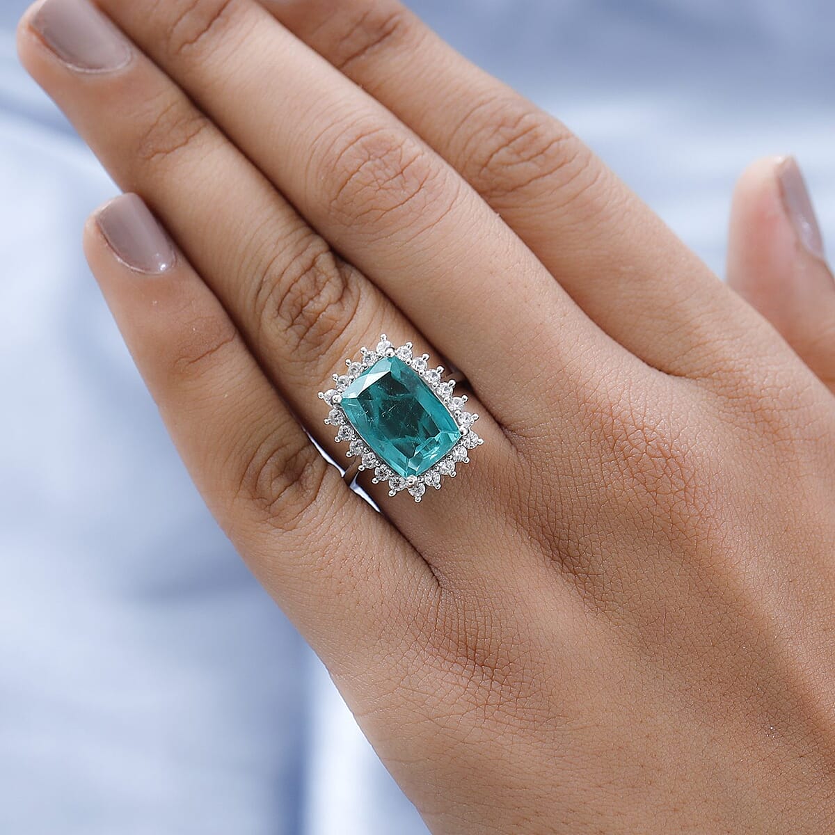 Emeraldine Quartz (Triplet) and Natural White Zircon Sunburst Ring in Platinum Over Sterling Silver (Delivery in 7-10 Business Days) 8.15 ctw image number 2