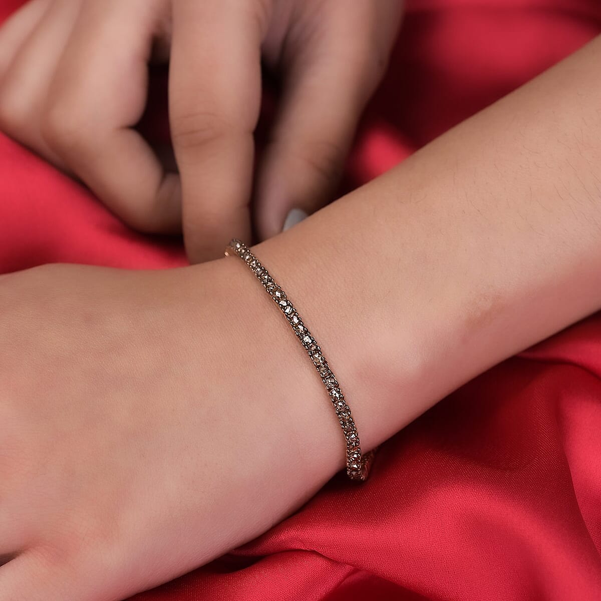 Rose Cut Natural Champagne Diamond Tennis Bracelet in Rhodium and Vermeil Rose Gold Over Sterling Silver (7.25 In) 4.00 ctw image number 2