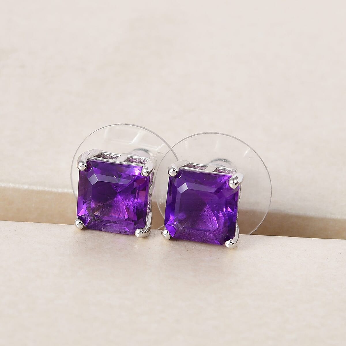 Asscher Cut Lusaka Amethyst Solitaire Stud Earrings in Platinum Over Sterling Silver 3.50 ctw image number 1