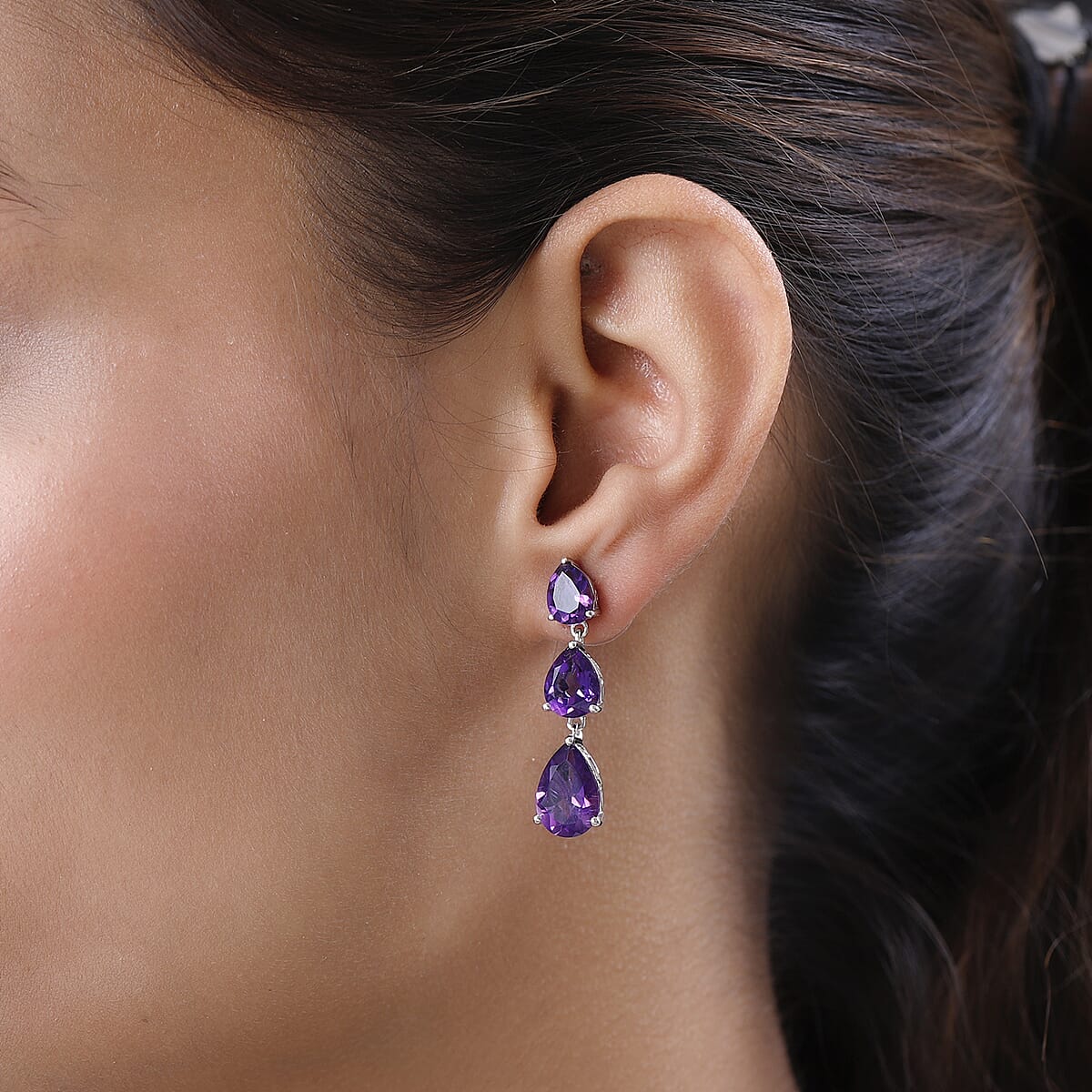 Premium Lusaka Amethyst Dangling Earrings in Platinum Over Sterling Silver 10.75 ctw image number 2