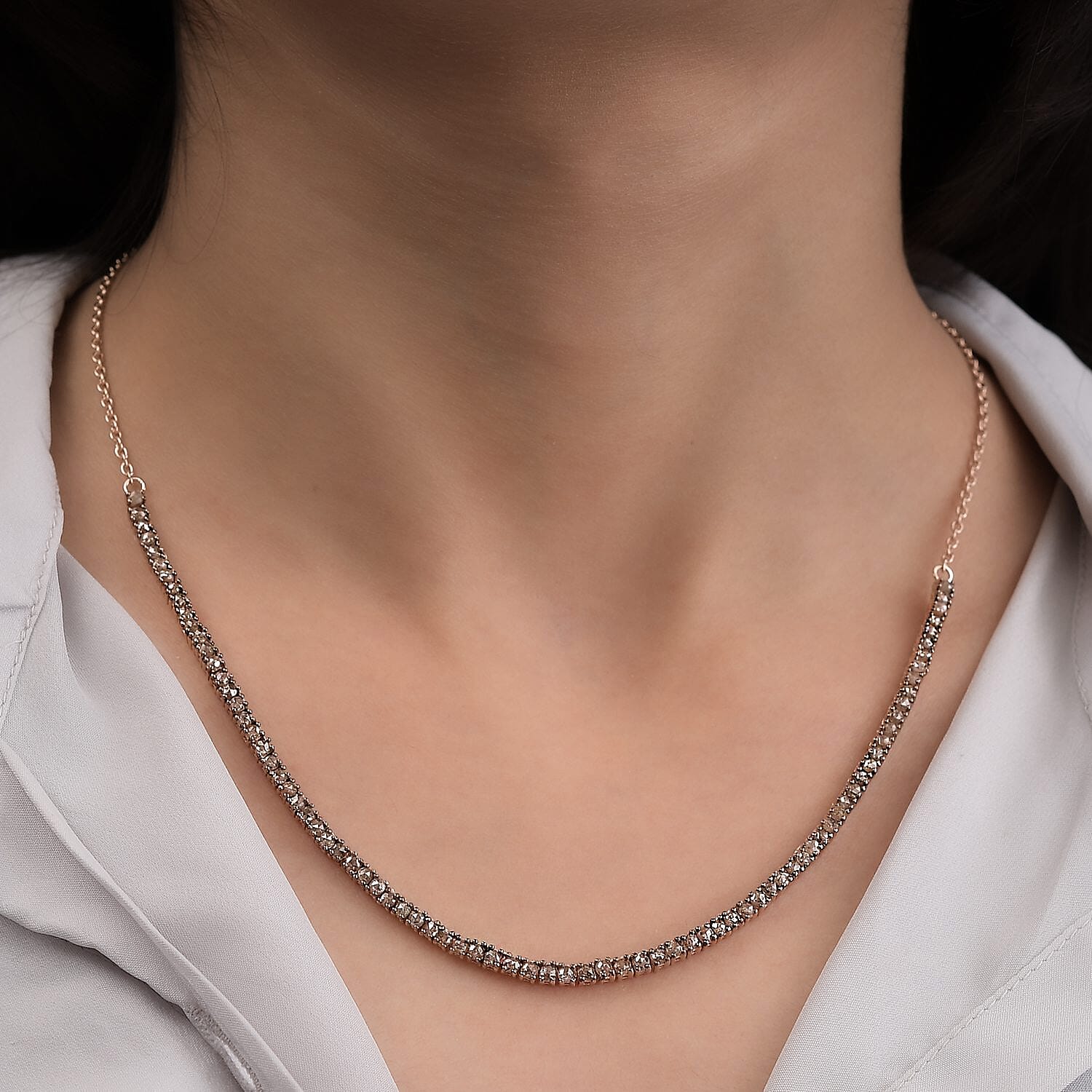 Rose Cut Natural Champagne Diamond Necklace 20 Inches in Rhodium & Vermeil Rose Gold Over Sterling Silver 4.00 ctw