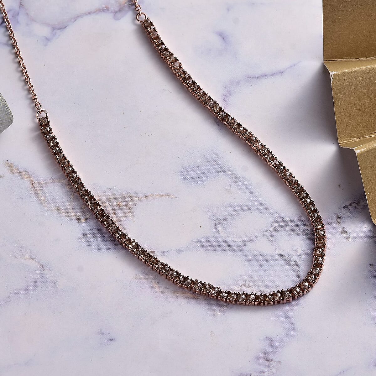 Rose Cut Natural Champagne Diamond Necklace 20 Inches in Rhodium & Vermeil Rose Gold Over Sterling Silver 4.00 ctw image number 2