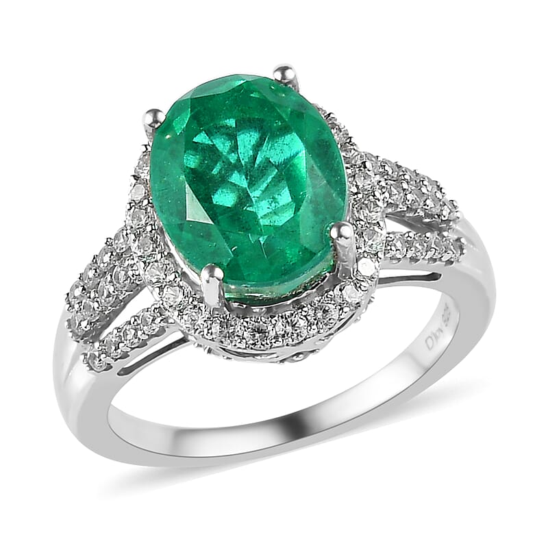 Emeraldine Quartz (Triplet) and White Zircon Split Shank Ring in Platinum Over Sterling Silver (Size 10.0) 4.35 ctw