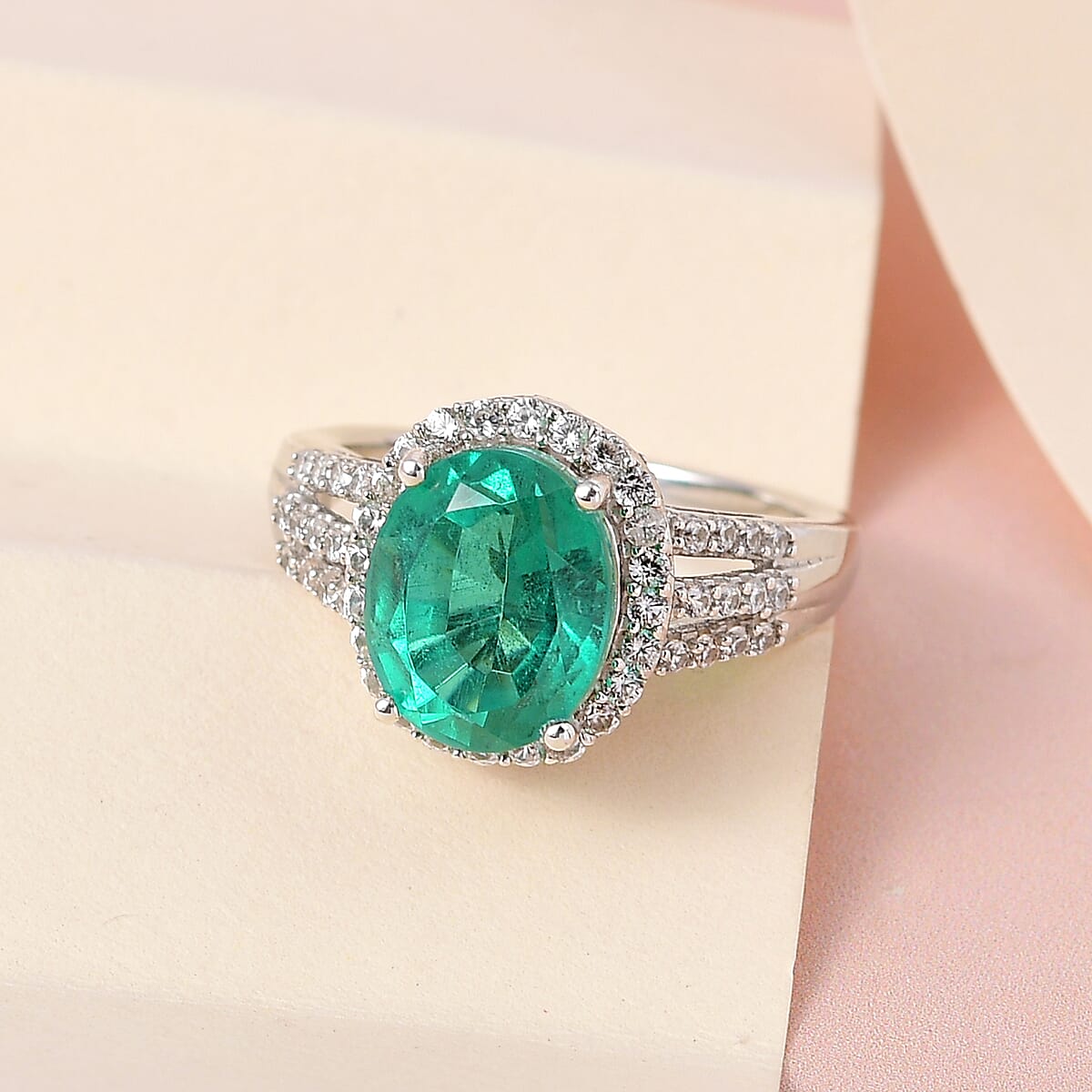 Emeraldine Quartz (Triplet) and Natural White Zircon Split Shank Ring in Platinum Over Sterling Silver (Size 10.0) (Delivery in 7-10 Business Days) 5.50 ctw image number 1