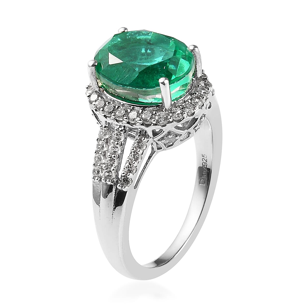 Emeraldine Quartz (Triplet) and White Zircon Split Shank Ring in Platinum Over Sterling Silver (Size 10.0) 4.35 ctw