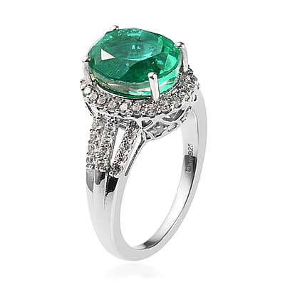 Emeraldine Quartz (Triplet) and White Zircon Split Shank Ring in Platinum Over Sterling Silver (Size 10.0) 4.35 ctw
