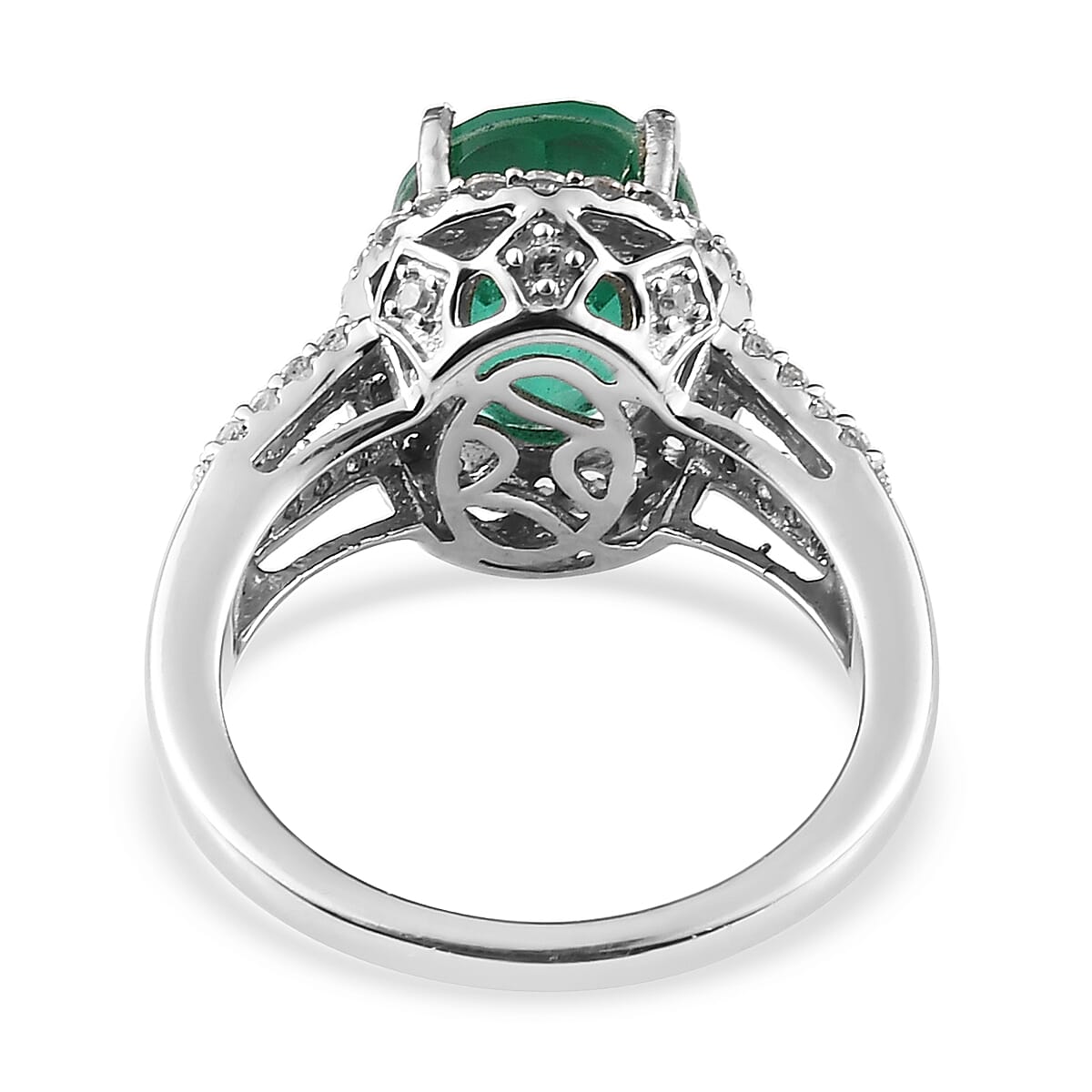 Emeraldine Quartz (Triplet) and White Zircon Split Shank Ring in Platinum Over Sterling Silver (Size 10.0) 4.35 ctw
