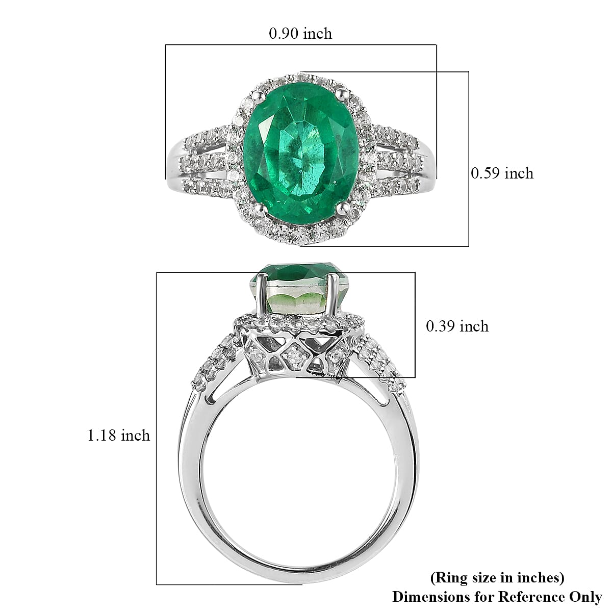 Emeraldine Quartz (Triplet) and White Zircon Split Shank Ring in Platinum Over Sterling Silver (Size 10.0) 4.35 ctw