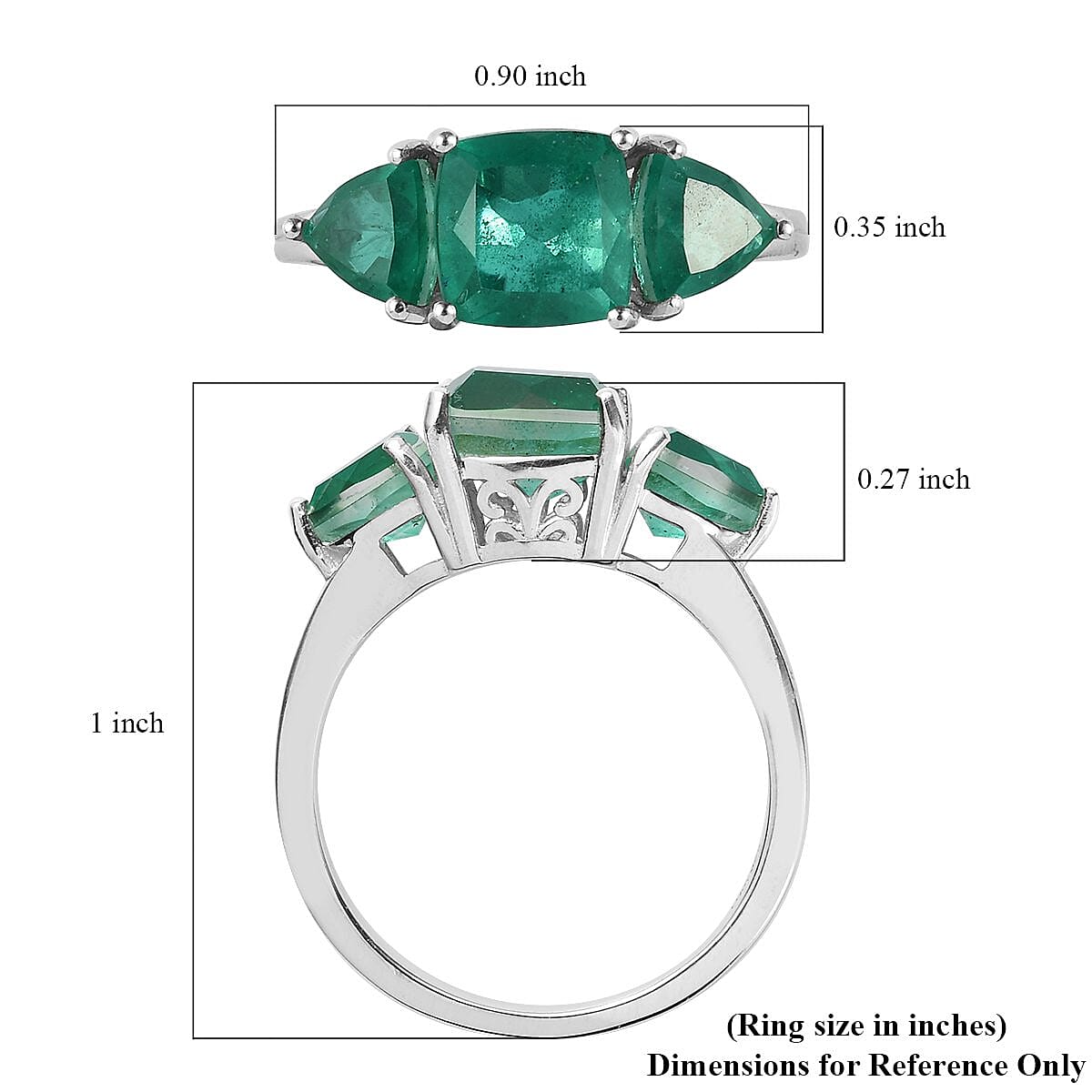 Emeraldine Quartz (Triplet) 3 Stone Ring in Platinum Over Sterling Silver (Size 10.0) 4.75 ctw