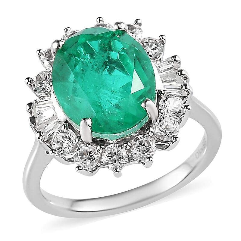 Emeraldine Quartz (Triplet) and White Zircon Sunburst Ring in Platinum Over Sterling Silver (Size 10.0) 7.00 ctw