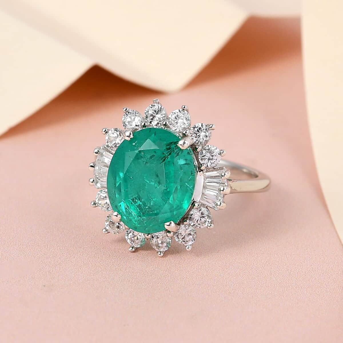 Emeraldine Quartz (Triplet) and Natural White Zircon Sunburst Ring in Platinum Over Sterling Silver (Size 9.0) (Delivery in 7-10 Business Days) 5.80 ctw image number 1