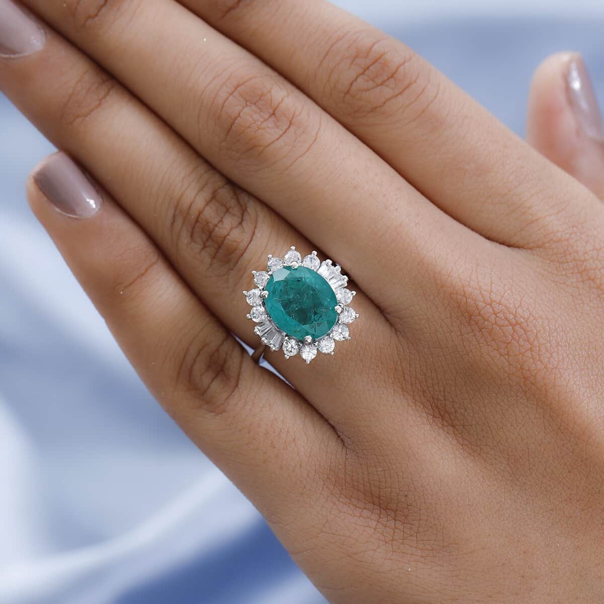 Emeraldine Quartz (Triplet) and Natural White Zircon Sunburst Ring in Platinum Over Sterling Silver (Size 9.0) (Delivery in 7-10 Business Days) 5.80 ctw image number 2