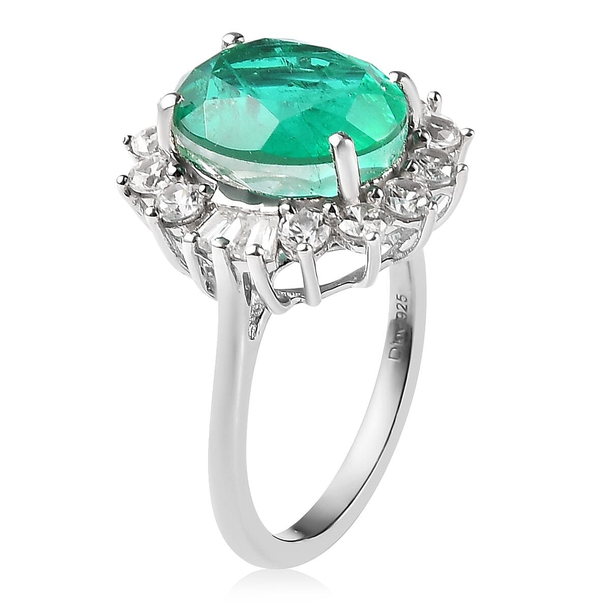 Emeraldine Quartz (Triplet) and White Zircon Sunburst Ring in Platinum Over Sterling Silver (Size 10.0) 7.00 ctw