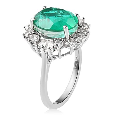 Emeraldine Quartz (Triplet) and White Zircon Sunburst Ring in Platinum Over Sterling Silver (Size 10.0) 7.00 ctw